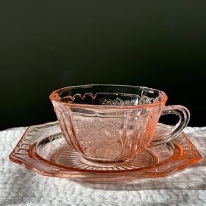 Vintage Pink Depression Glass Teacup & Saucer Set Mayfair Pink by ANCHOR HOCKING
